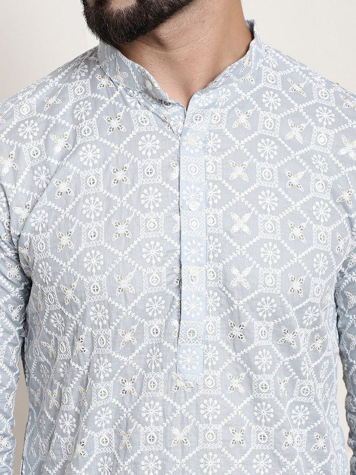 SOJANYA Band Collar Ethnic Motifs Embroidered Thread Work Cotton Kurta