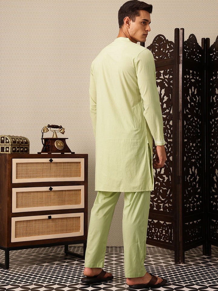 House of Pataudi Hand embroidered chikankari pure cotton Jashn kurta paired with matching pyjama trousers