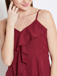 Berrylush Women Maroon Solid Ruffled Maxi Dress