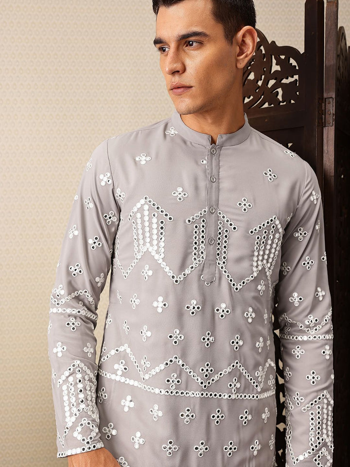 House of Pataudi Embroidered Mandarin Collar Mirror Work Jashn Kurta