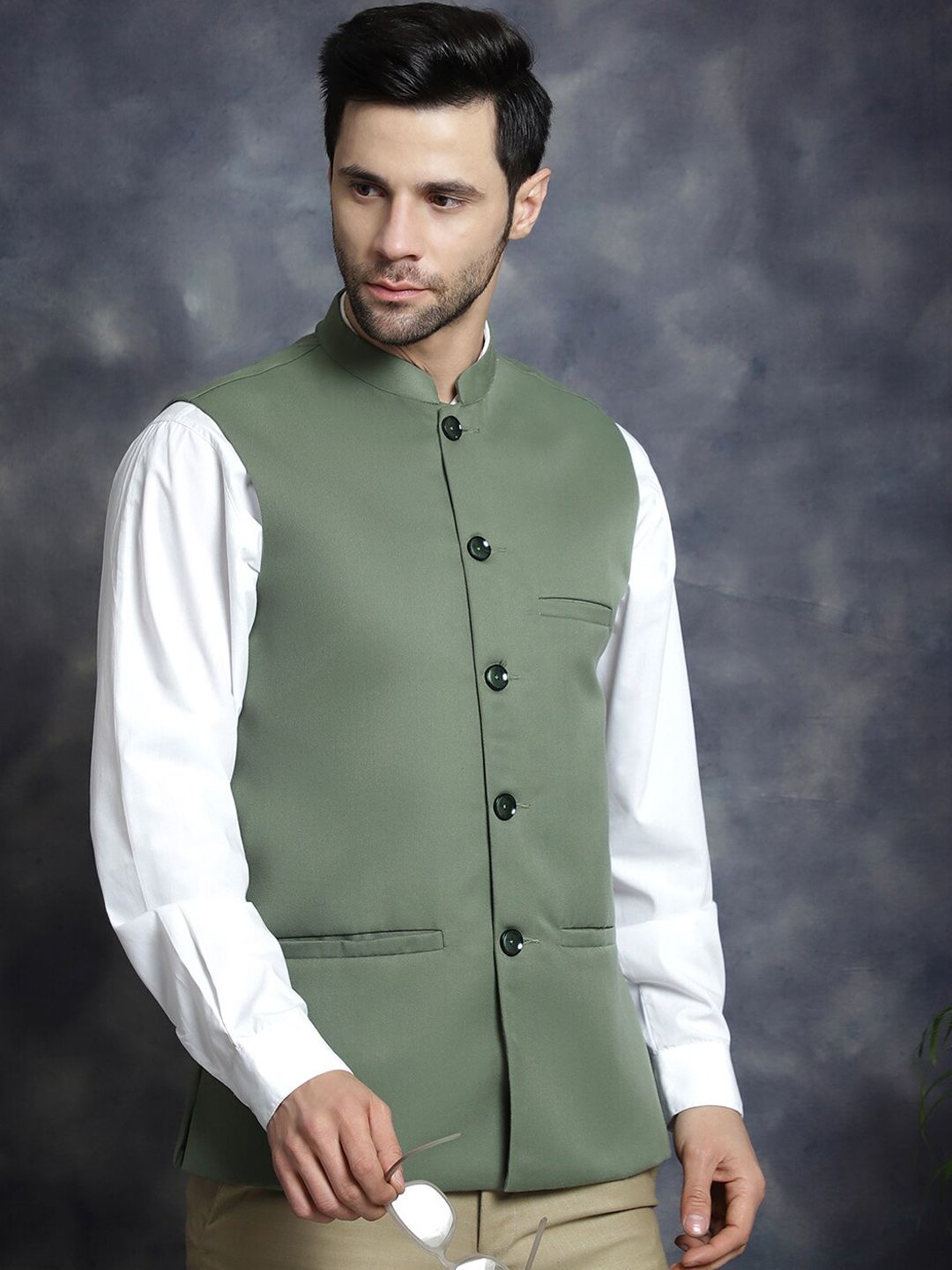 Anouk Green Mandarin Collar Woven Nehru Jacket