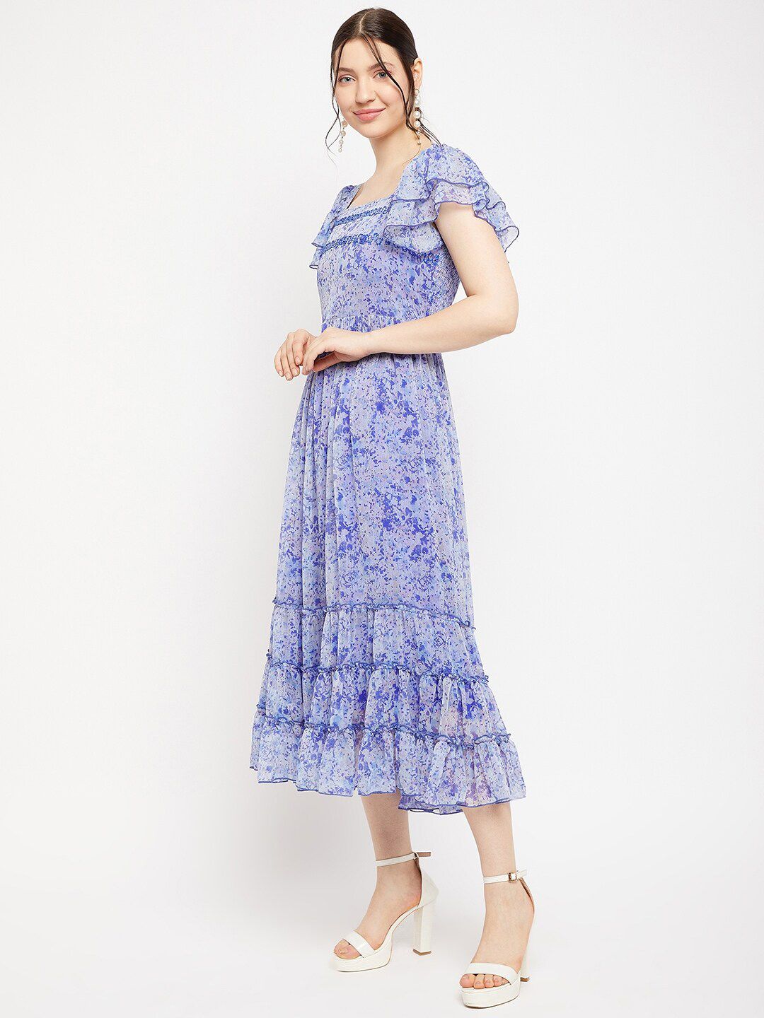 Antheaa Square Neck Abstract Printed Tiered Embellished Chiffon Fit & Flare Midi Dress