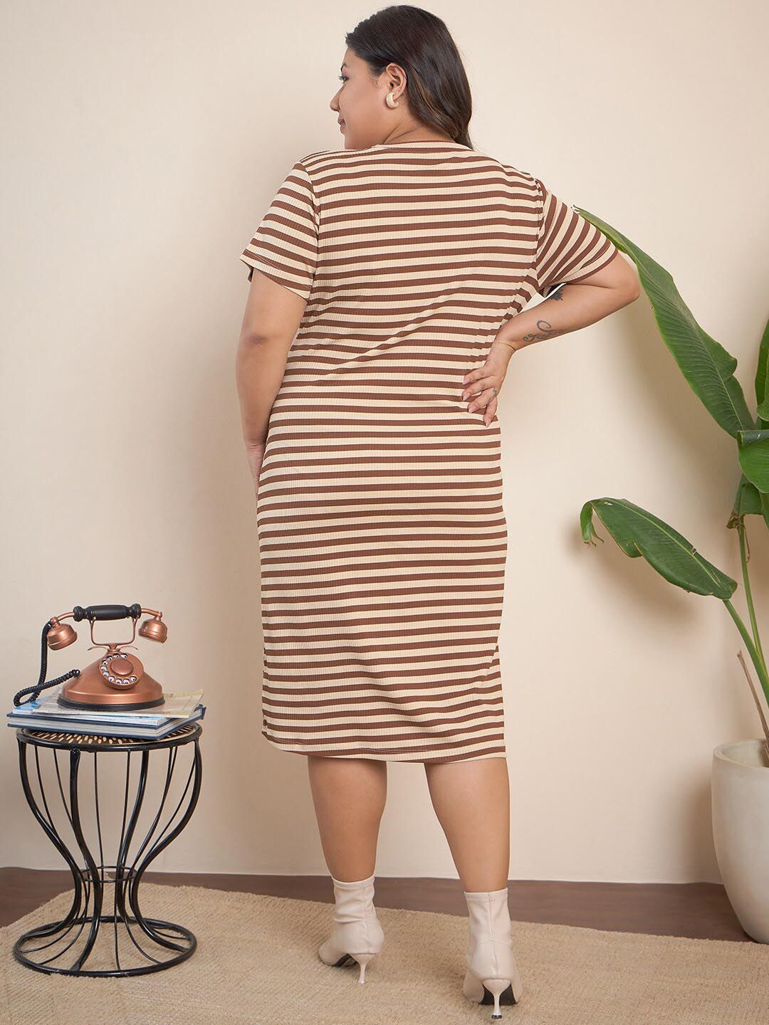 Curvy Street Brown Plus Size Striped Midi T-Shirt Dress