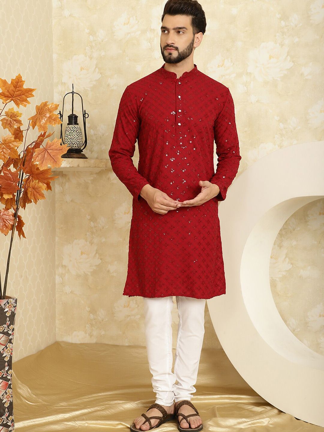 SOJANYA Embroidered Sequinned Pure Cotton Kurta With Churidar