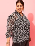 CURVY STREET Black Floral Printed Puff Sleeves Shirt Style Top