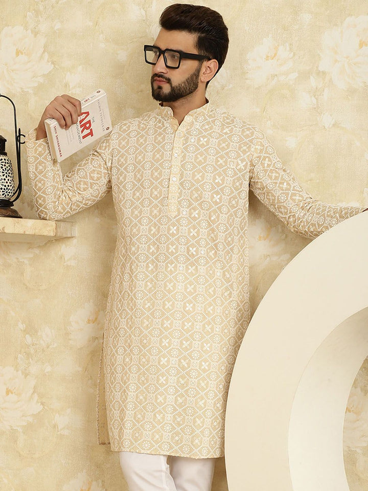 SOJANYA Kurta Kapas Tulen Bersulam Bunga Labuci Mandarin Kolar Lurus