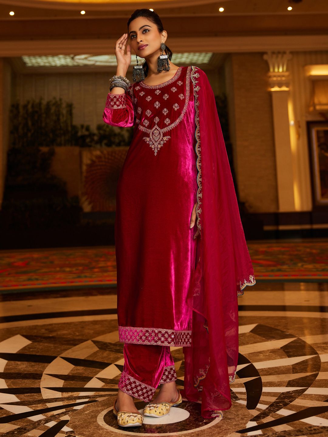 Indo Era Women Ethnic Motifs Embroidered Regular Velvet Kurta with Trousers & With Dupatta