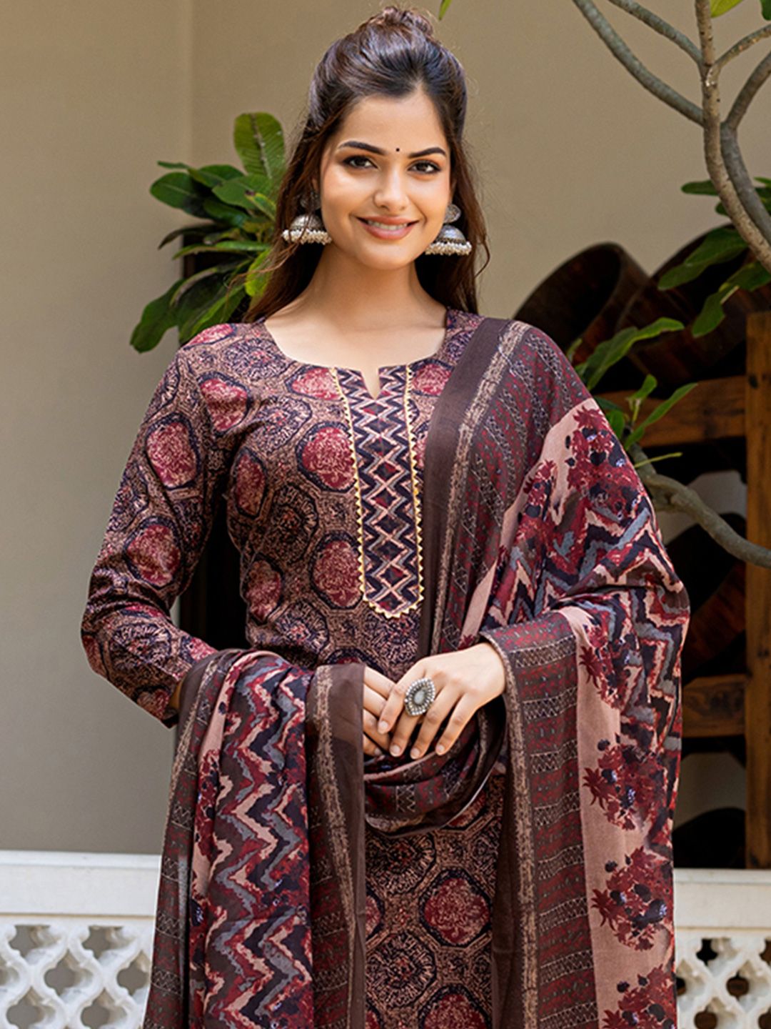 KALINI Geometric Printed Notch Neck Kurta With Trousers & Dupatta