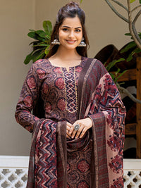 KALINI Geometric Printed Notch Neck Kurta With Trousers & Dupatta