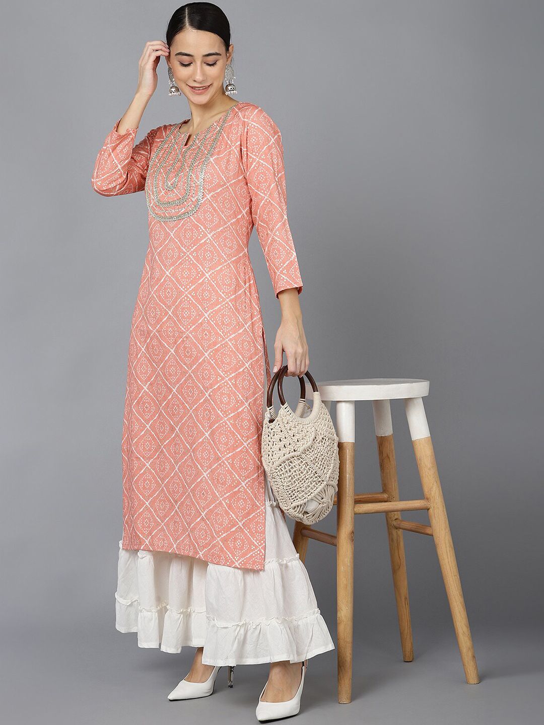 KALINI Bandhani Printed Notched Neck Gotta Patti Straight Kurta