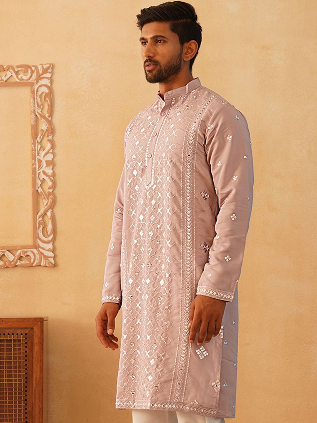 Jompers Ethnic Motifs Embroidered Band Collar Sequinned Straight Kurta