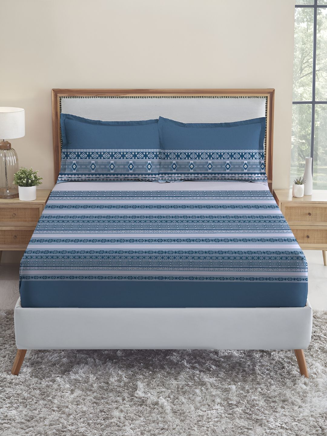 MYTRIDENT Ice Dust Soft Comfort Fitted 210TC King Pure Cotton 1 Fittedsheet with 2 Pillow Covers