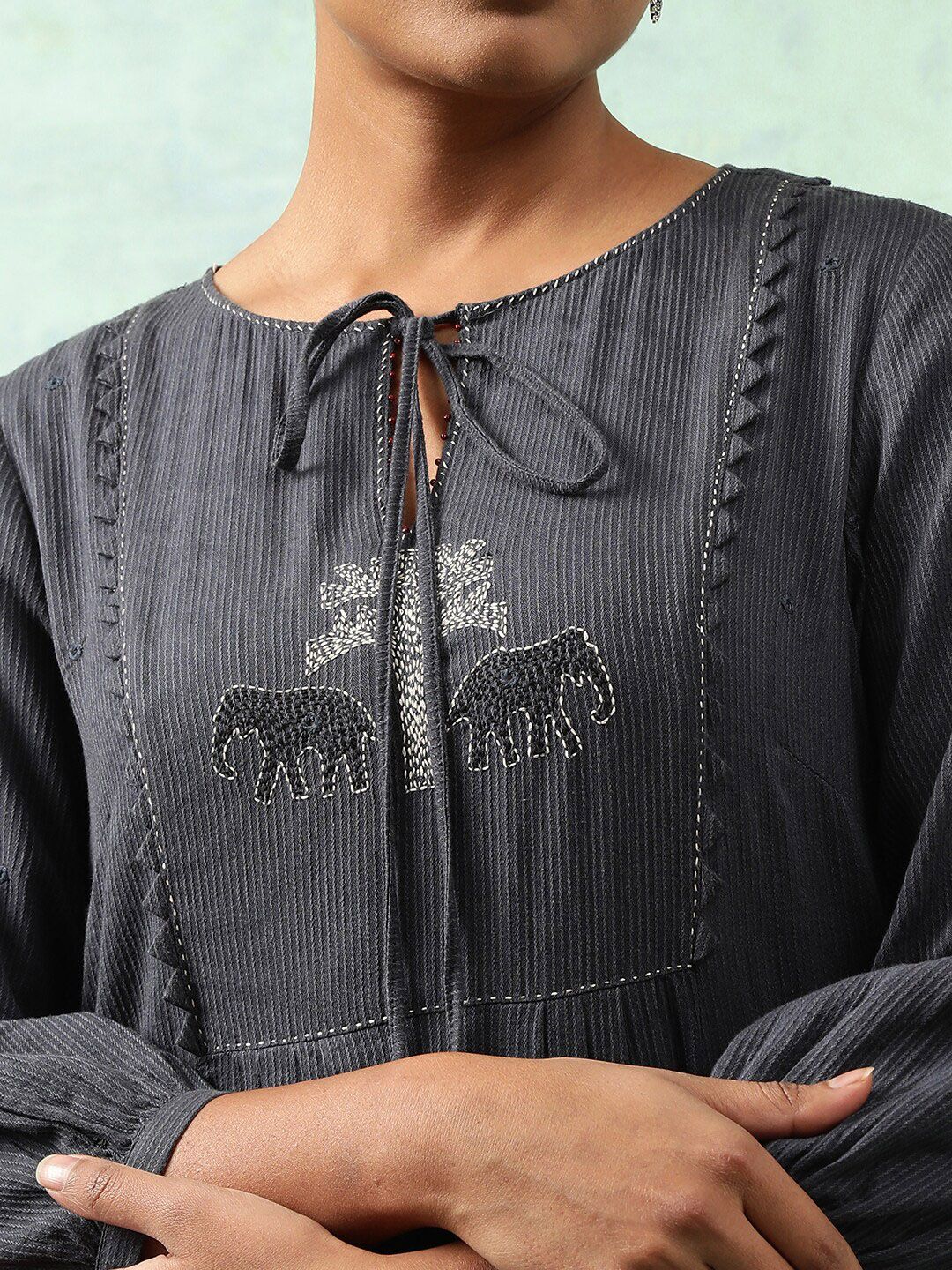 W The Folksong Collection Striped Tie-Up Neck Thread Work A-Line Kurta