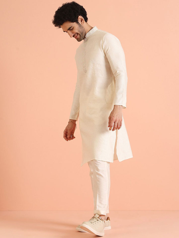 KISAH Mandarin Collar Woven Design Thread Work Cotton Straight Kurta