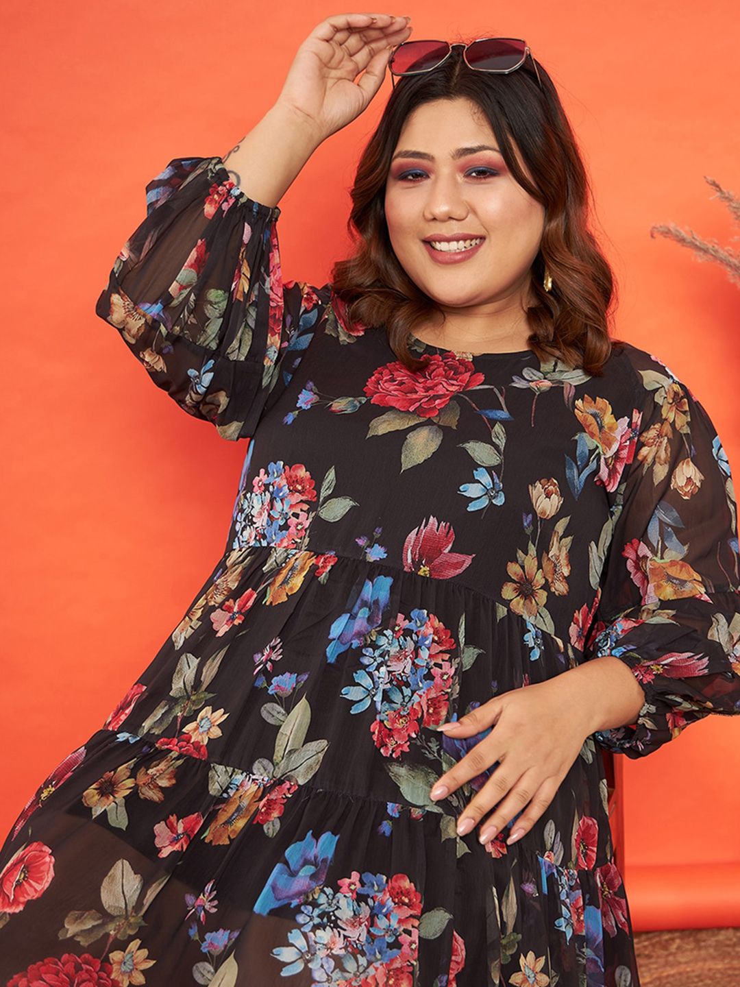 SASSAFRAS Curve Floral Printed Tiered Chiffon Dress