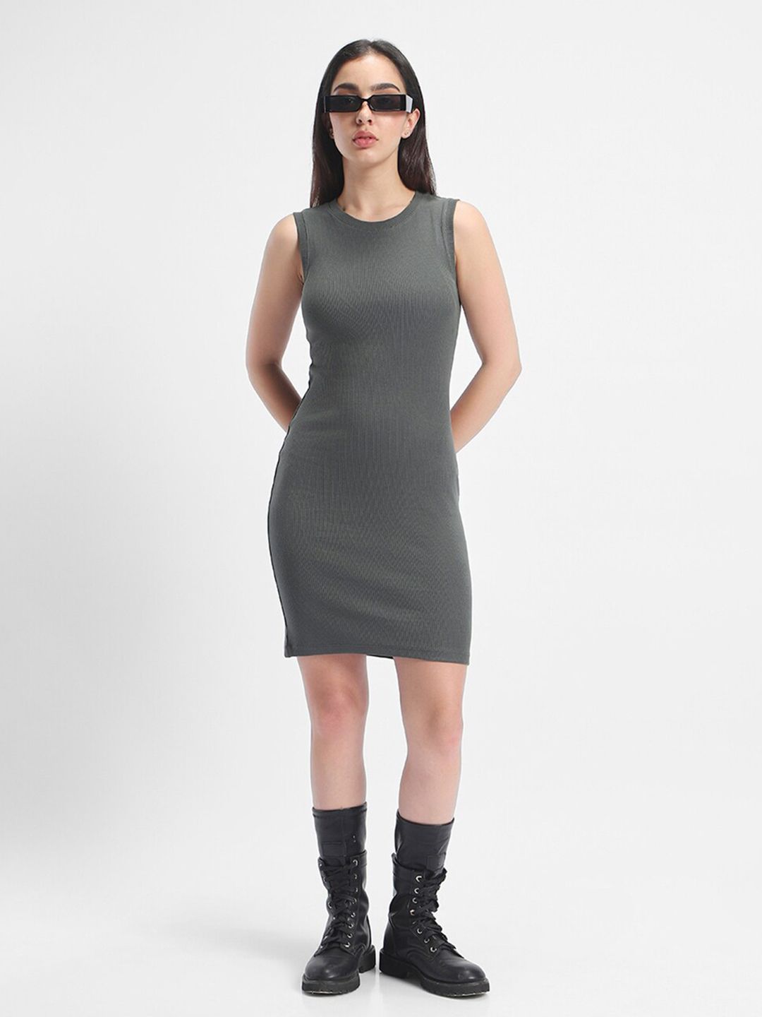 Bewakoof Grey Round Neck Cotton Bodycon Dress