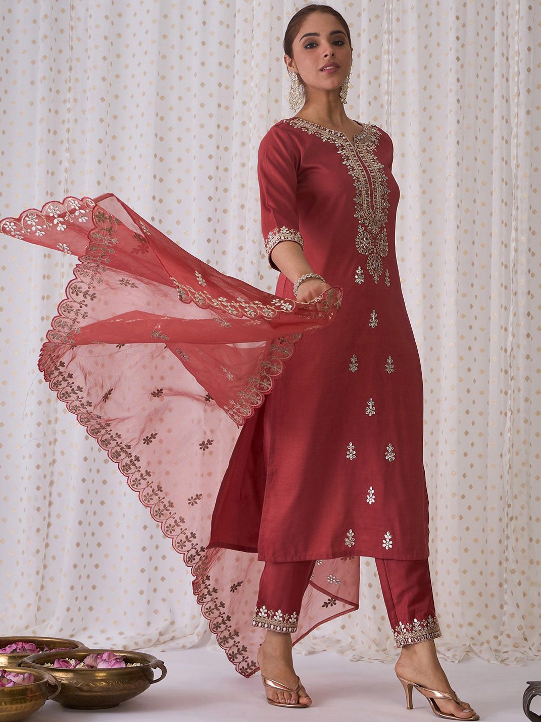 Indo Era Ethnic Motifs Embroidered Notched Neck Straight Kurta with Trousers &  Dupatta