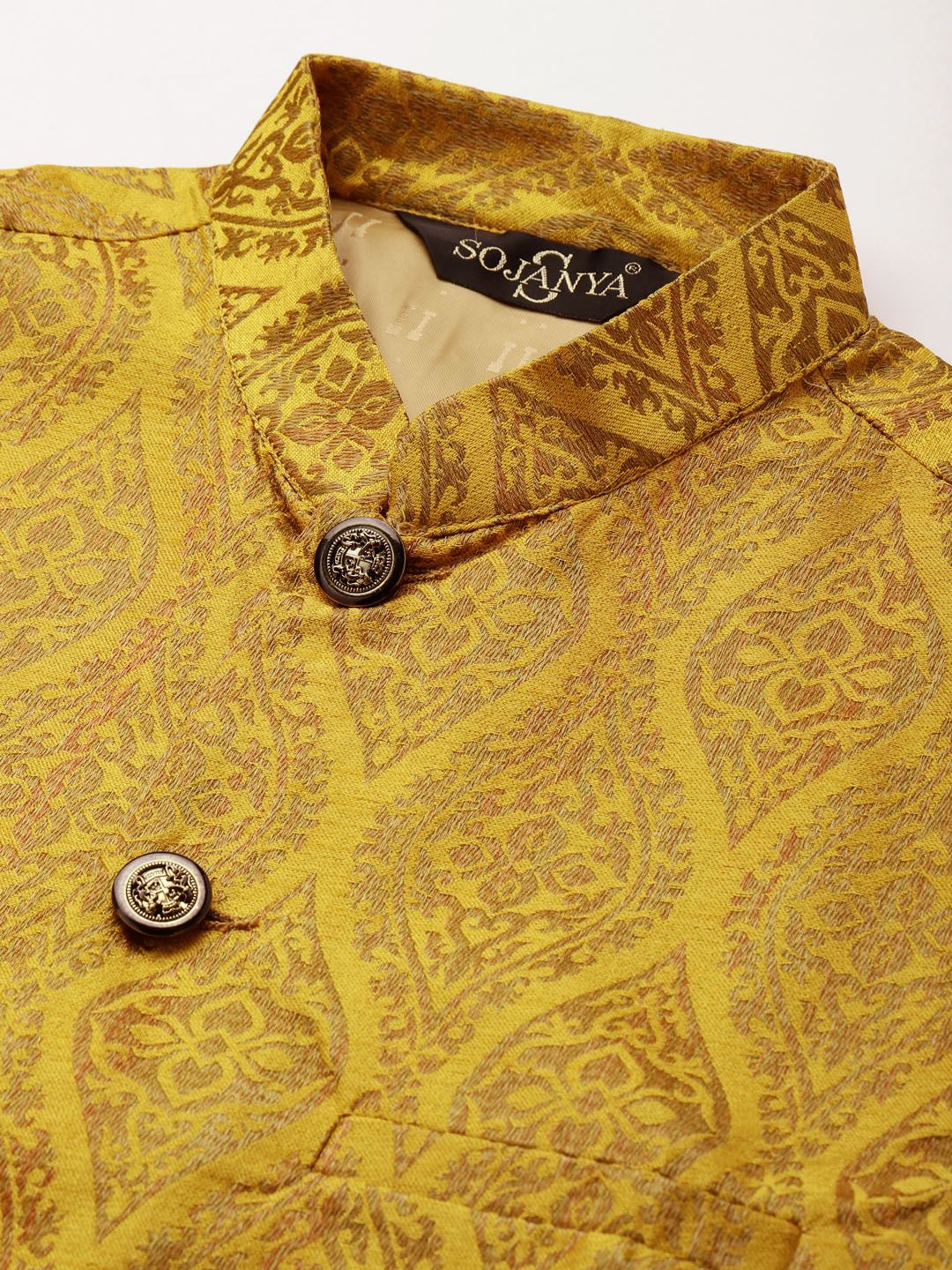 SOJANYA Men Maroon & Mustard Yellow Kurta with Churidar And Nehru Jacket
