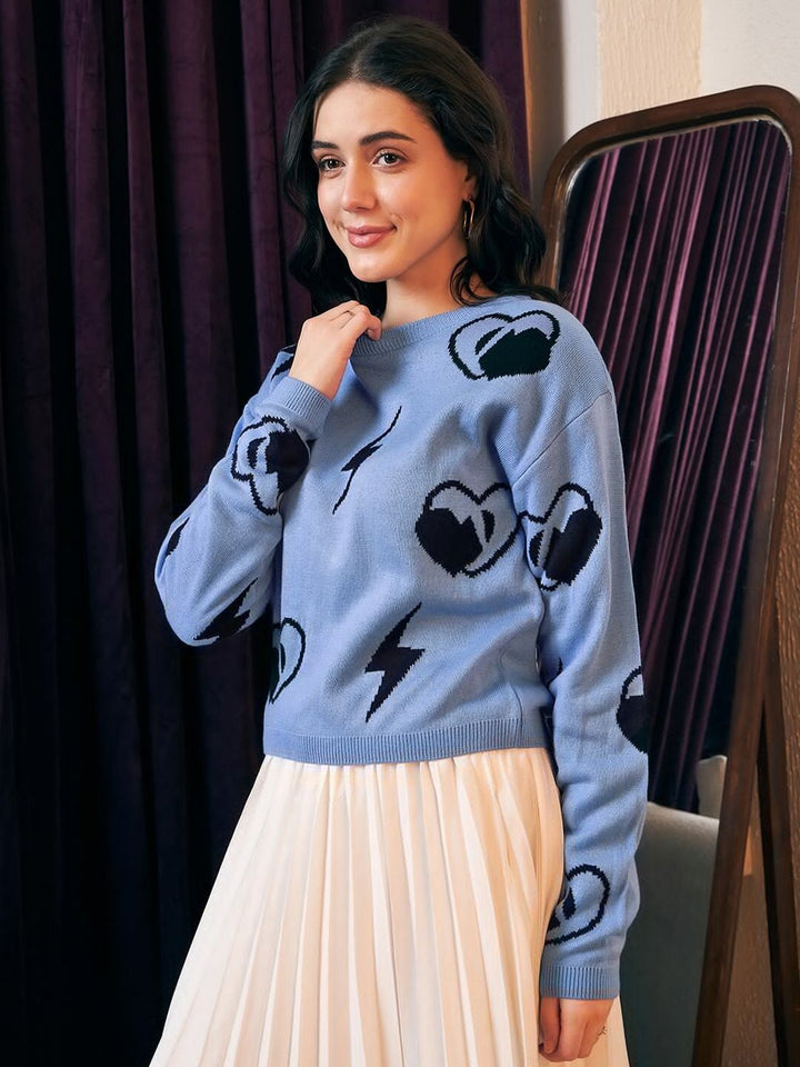Berrylush Blue Graphic Printed Acrylic Pullover