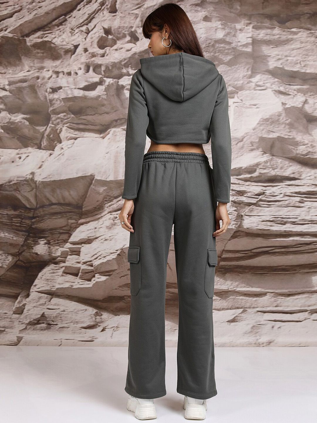 Tokyo Talkies Hooded Crop Top With Sweatshirt & Wide Leg Trousers