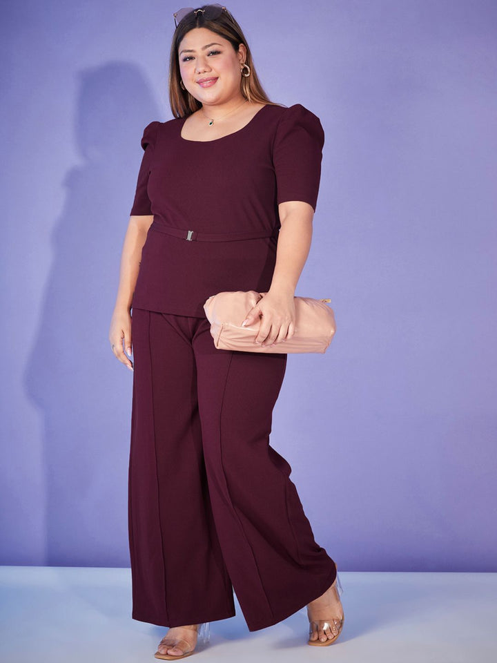 SASSAFRAS Curve Burgundy Plus Size Self-Design Top Wit Trouser Co-Ords