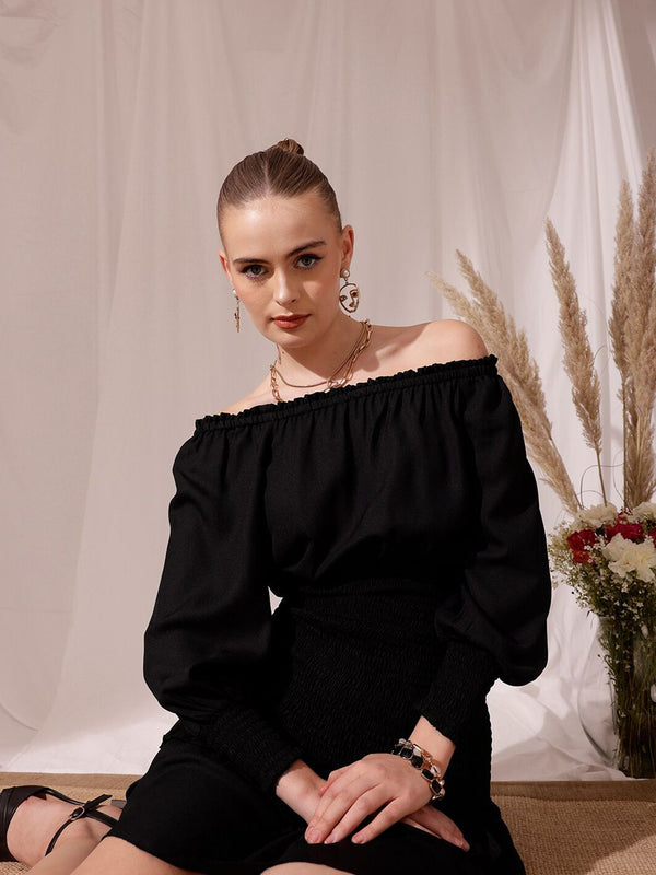 STREET 9 Off-Shoulder Smocked Georgette Layered A-Line Dress