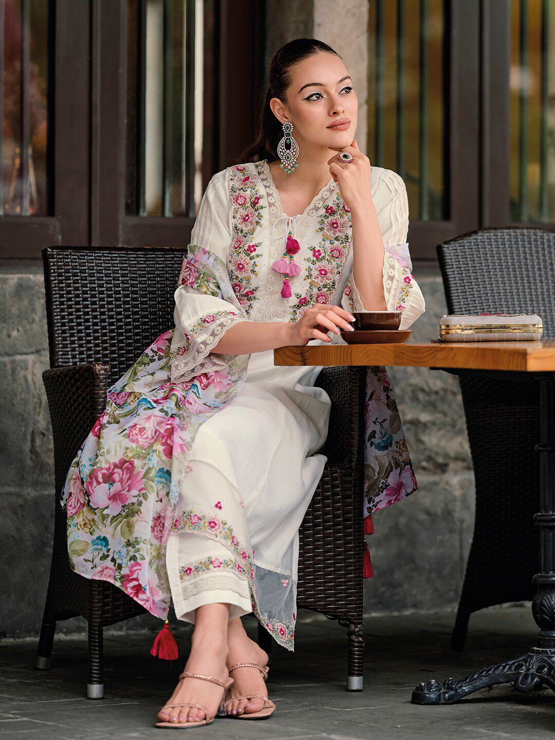 Indo Era Floral Embroidered Thread Work A-Line Kurta With Trousers & Dupatta
