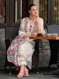 Indo Era Floral Embroidered Thread Work A-Line Kurta With Trousers & Dupatta