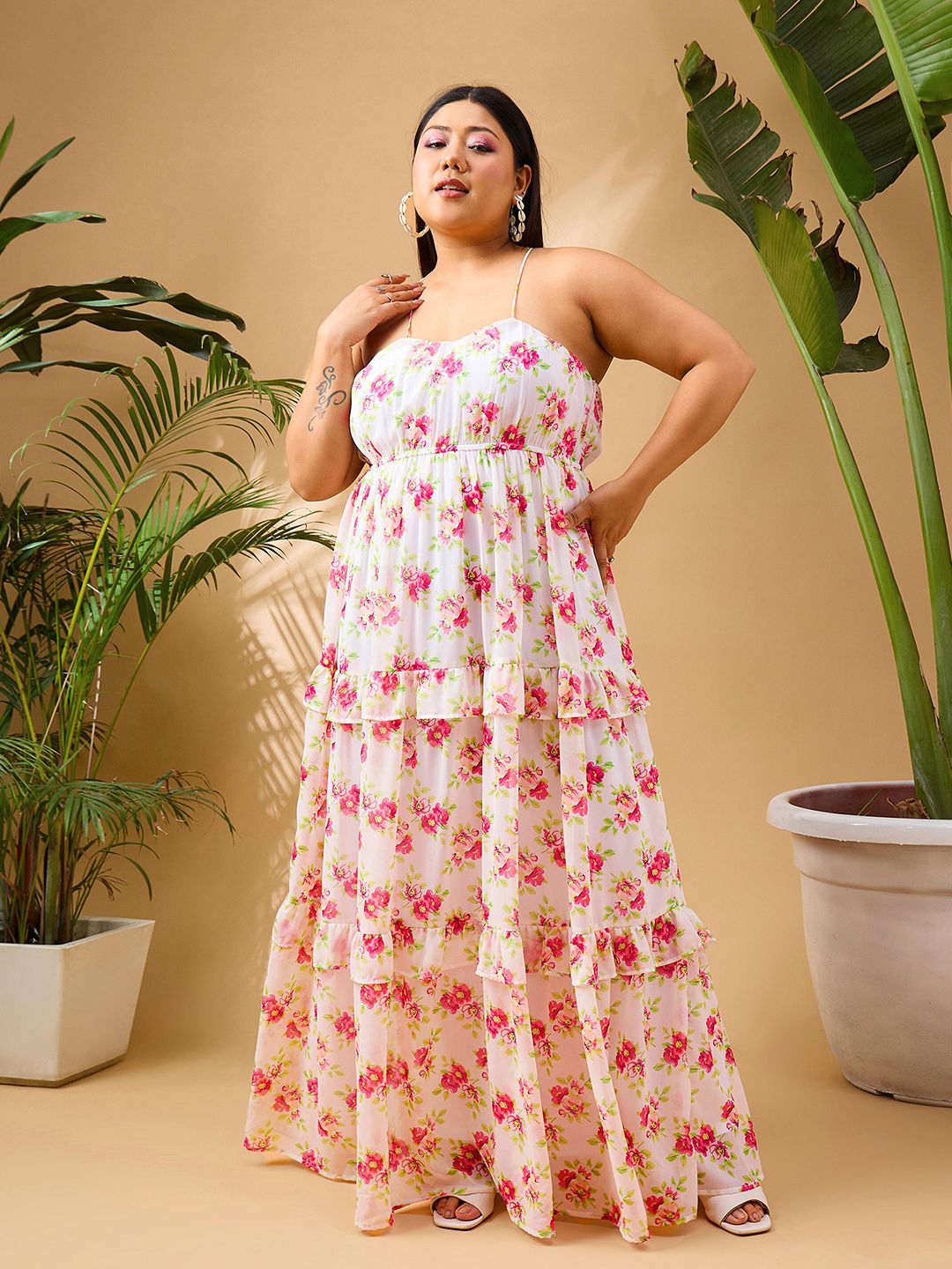 SASSAFRAS Curve Plus Size Floral Printed Shoulder Straps Tiered Georgette Maxi Dress