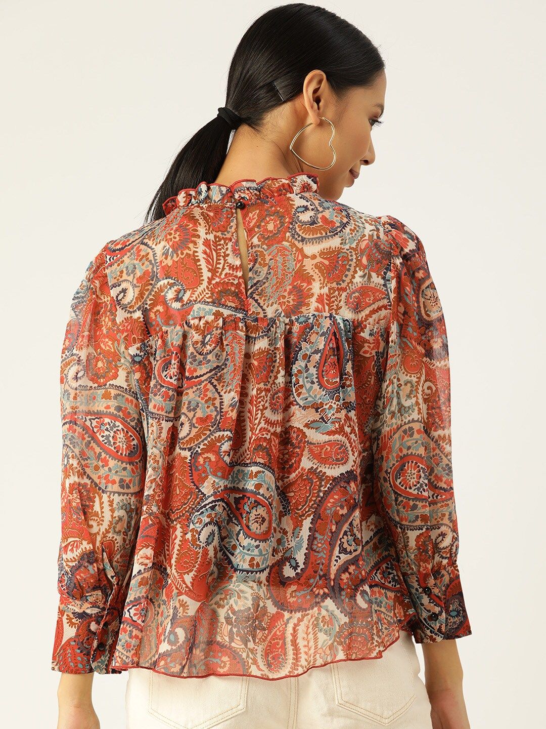 Antheaa Women Rust & Navy Blue Ethnic Motif Print Chiffon Cuffed Sleeves Top