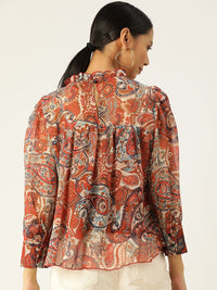 Antheaa Women Rust & Navy Blue Ethnic Motif Print Chiffon Cuffed Sleeves Top