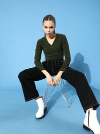 STREET 9 Women Lovely Olive Solid Cropped Top