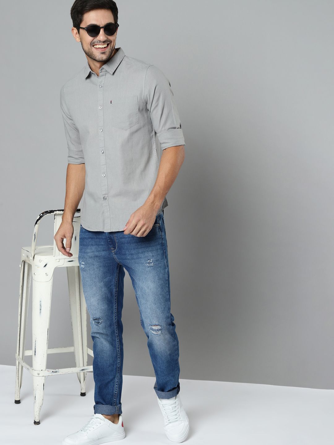HIGHLANDER Men Grey Cotton Linen Solid Slim Fit Casual Shirt