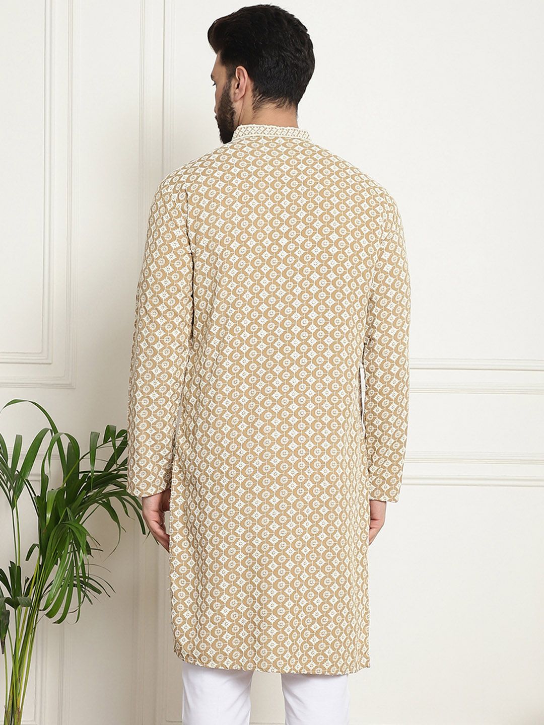 SOJANYA Ethnic Motifs Embroidered Mandarin Collar Sequined Pure Cotton Straight Kurta