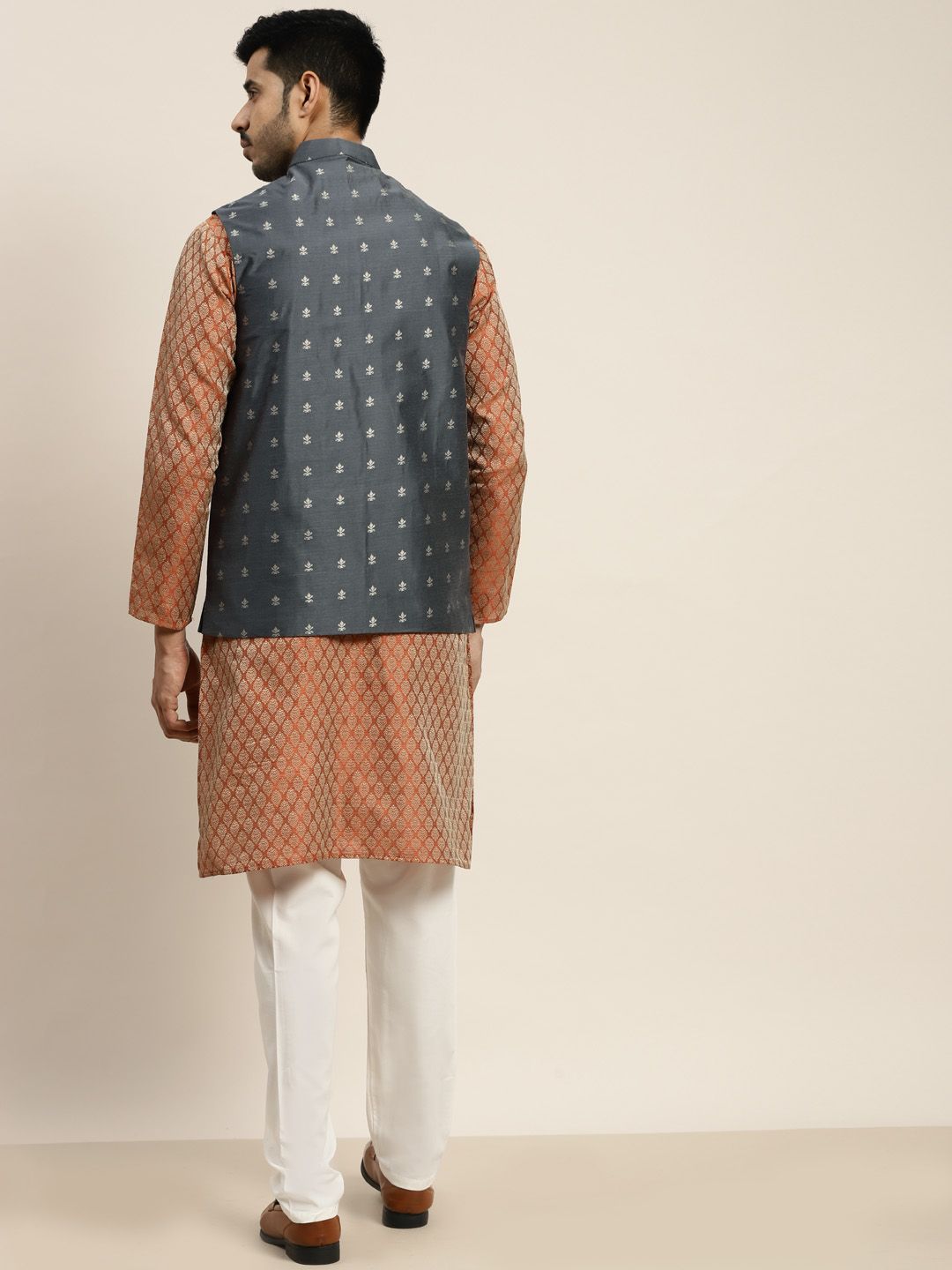 SOJANYA Men Orange Ethnic Motifs Kurta with Churidar with Nehru Jacket