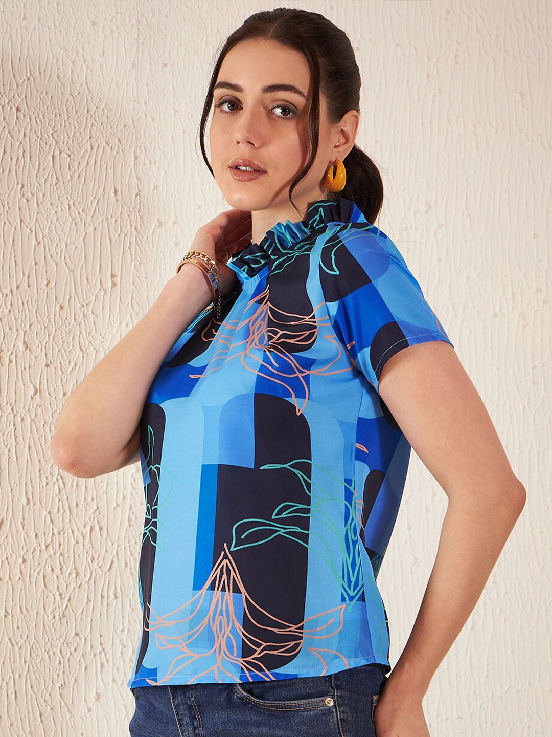 DENNISON Floral Printed High Neck Crepe Top