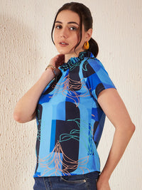 DENNISON Floral Printed High Neck Crepe Top