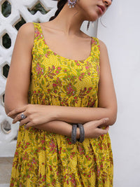 Janasya Floral Printed Empire Pure Cotton Anarkali Kurta with Trousers