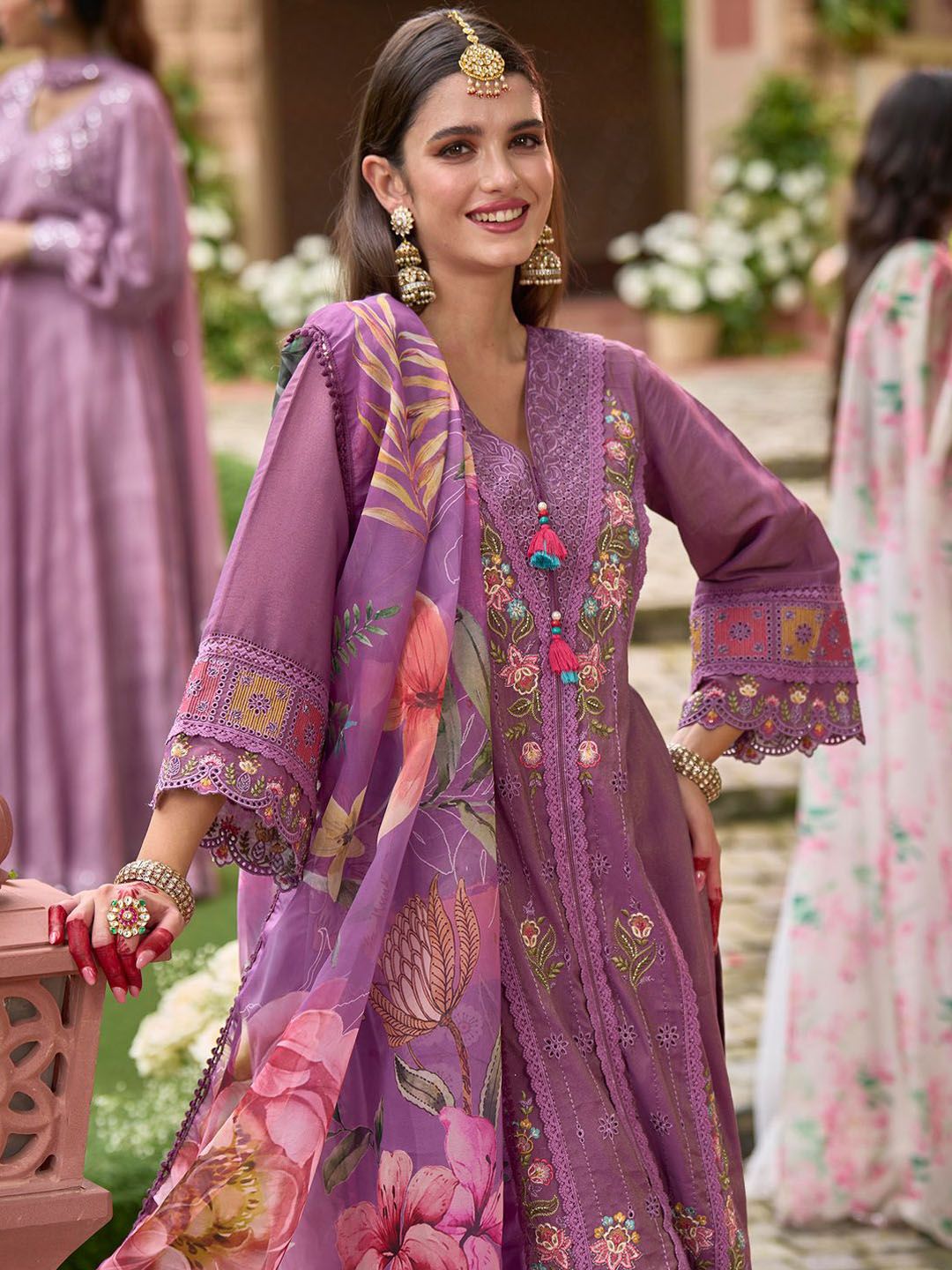 Indo Era Women Floral Embroidered Panelled Thread Work Kurta with Trousers & With Dupatta