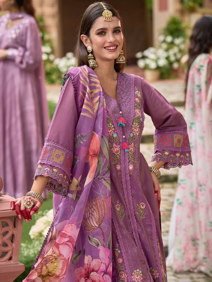 Indo Era Women Floral Embroidered Panelled Thread Work Kurta with Trousers & With Dupatta