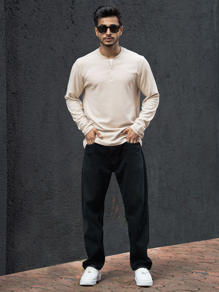 Powerlook Men Self Design Henley Neck Cotton T-shirt