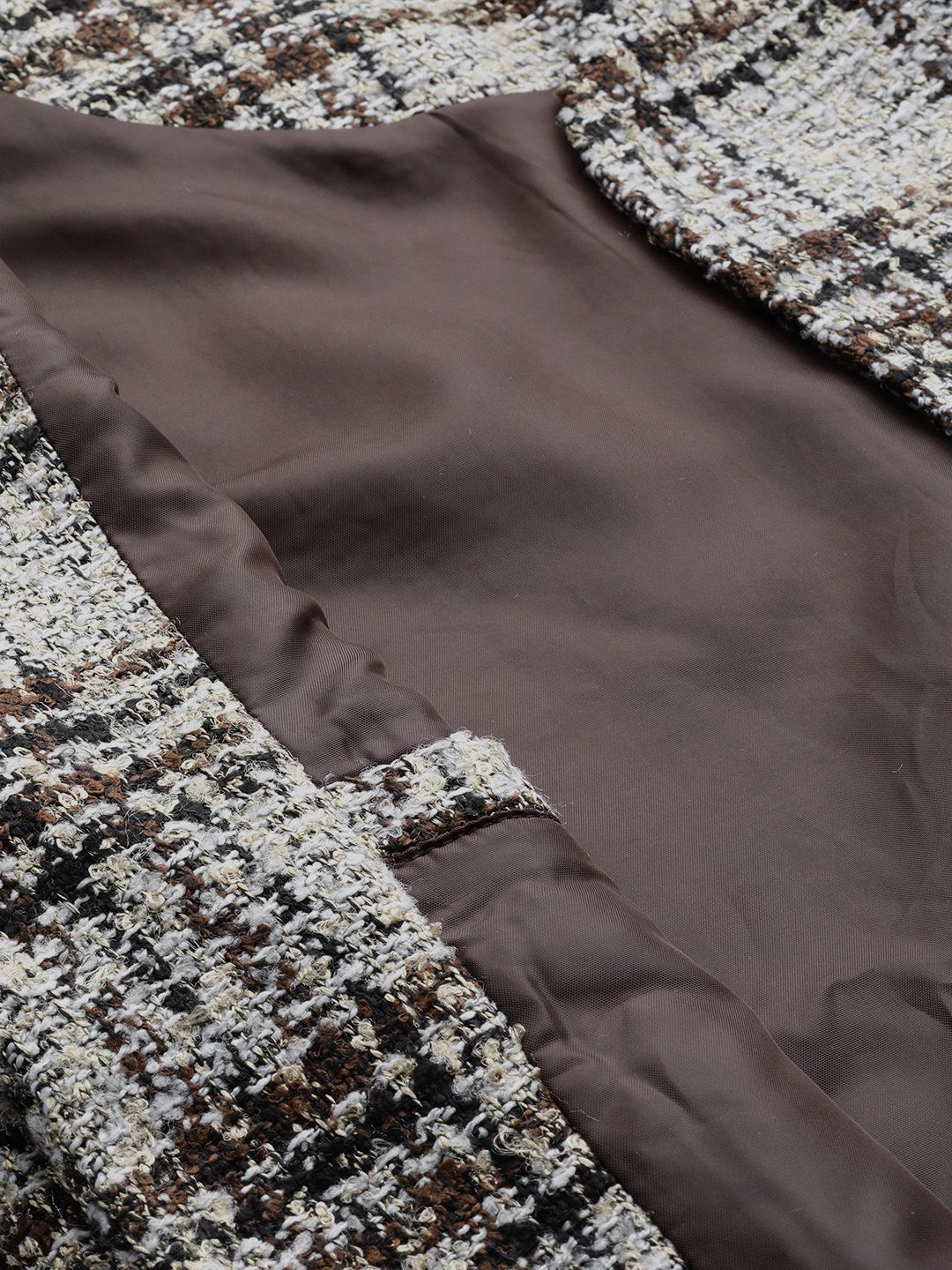 all about you Women Brown White Checked Open Front Jacket
