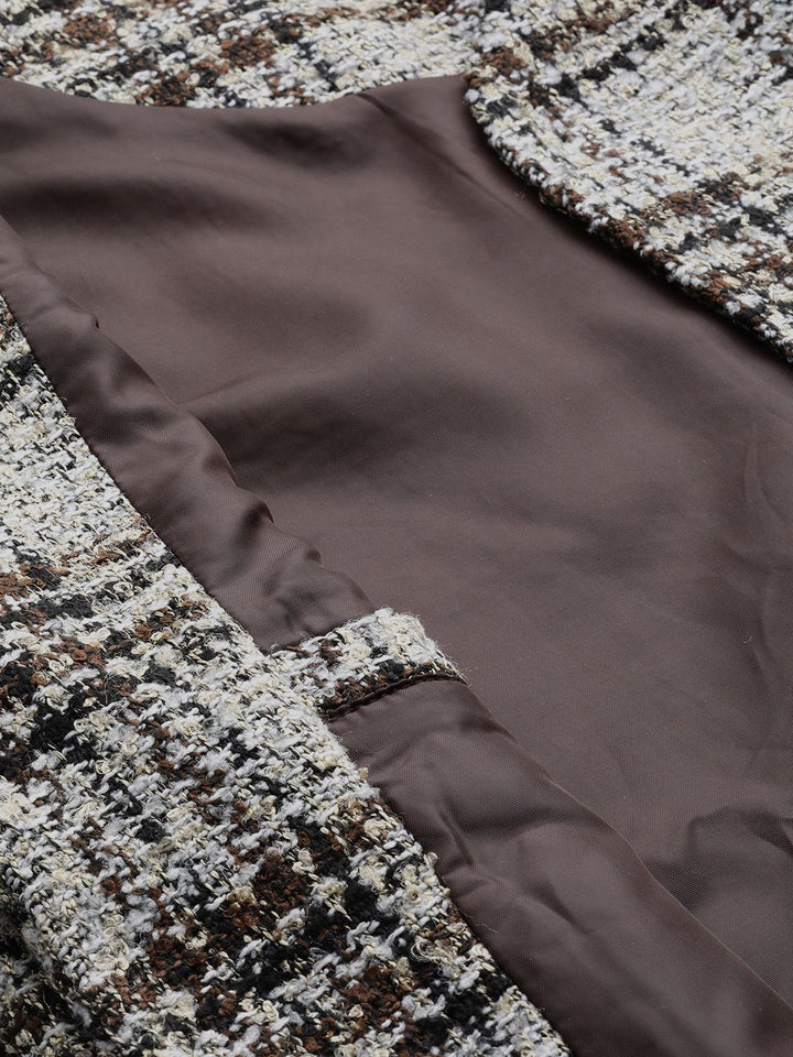 all about you Women Brown White Checked Open Front Jacket
