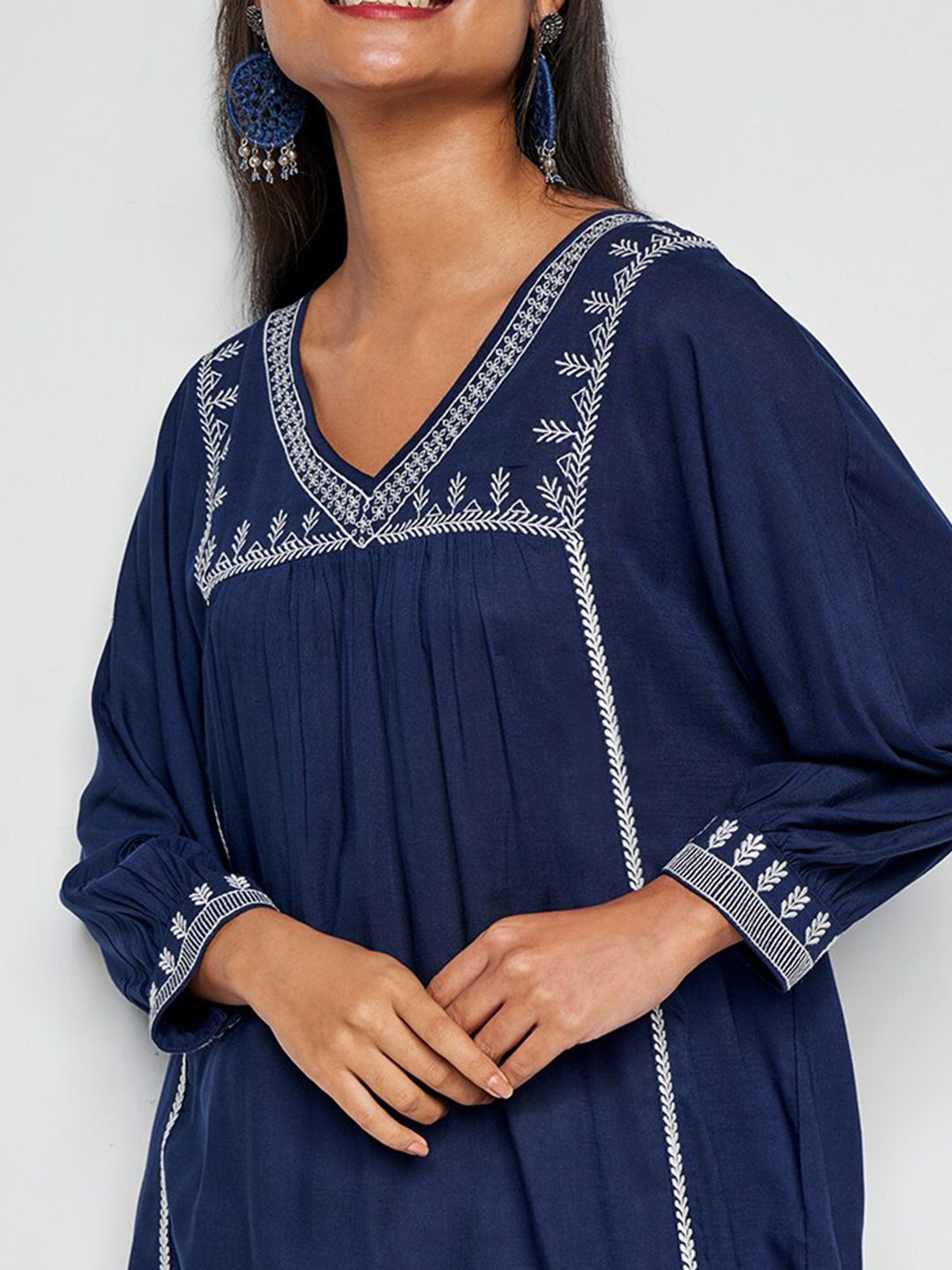Global Desi Floral Embroidered V-Neck Cuffed Sleeves Empire Top