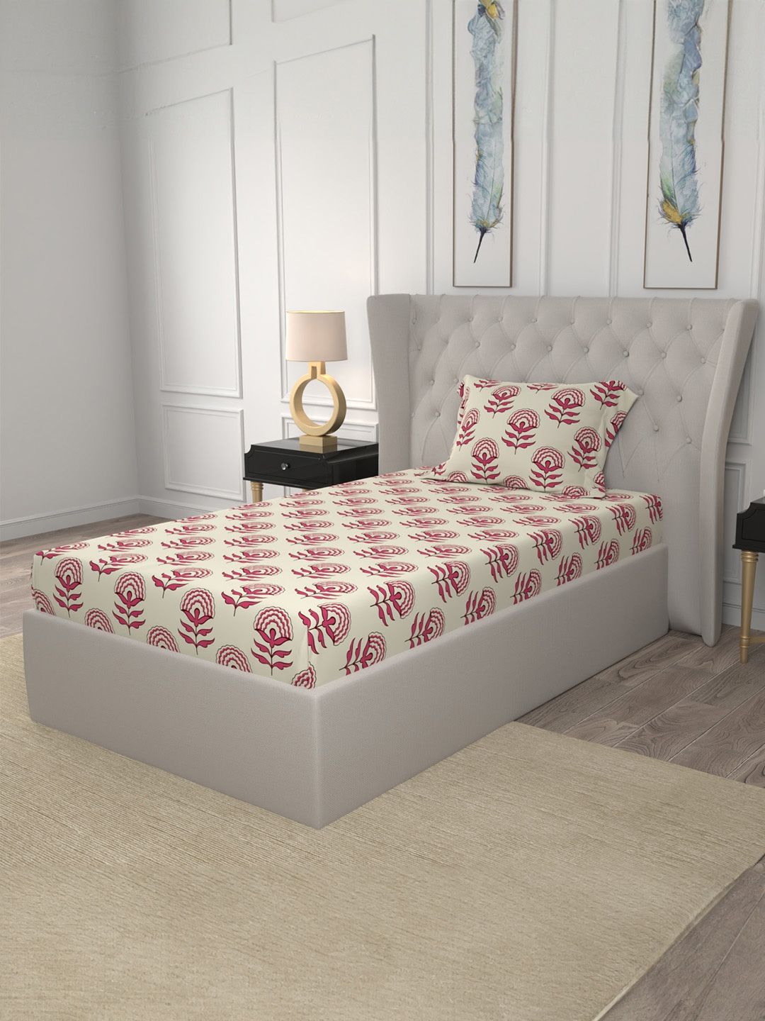 URBAN SPACE Florabell Cherry Red 200 TC Floral Single Bedsheet