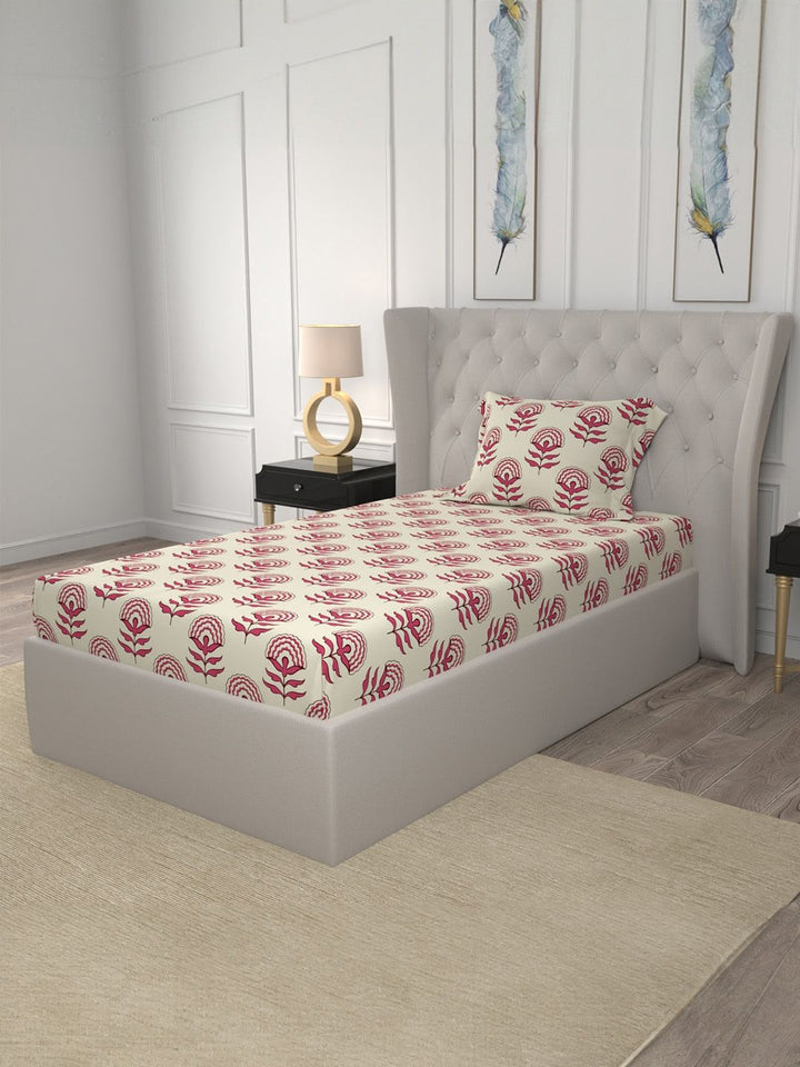 URBAN SPACE Florabell Cherry Red 200 TC Floral Single Bedsheet