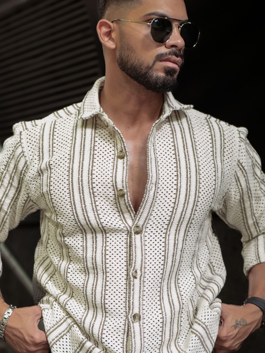 Powerlook Men Spread Collar Vertical Striped Casual Shirt