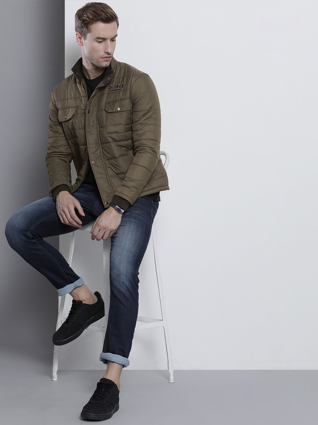The Indian Garage Co Men Zip-Front Puffer Jacket with Flap-Button Pockets