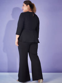SASSAFRAS Curve Black Plus Size Key-Hole Peplum Top With Trousers Pant Co-Ords Set