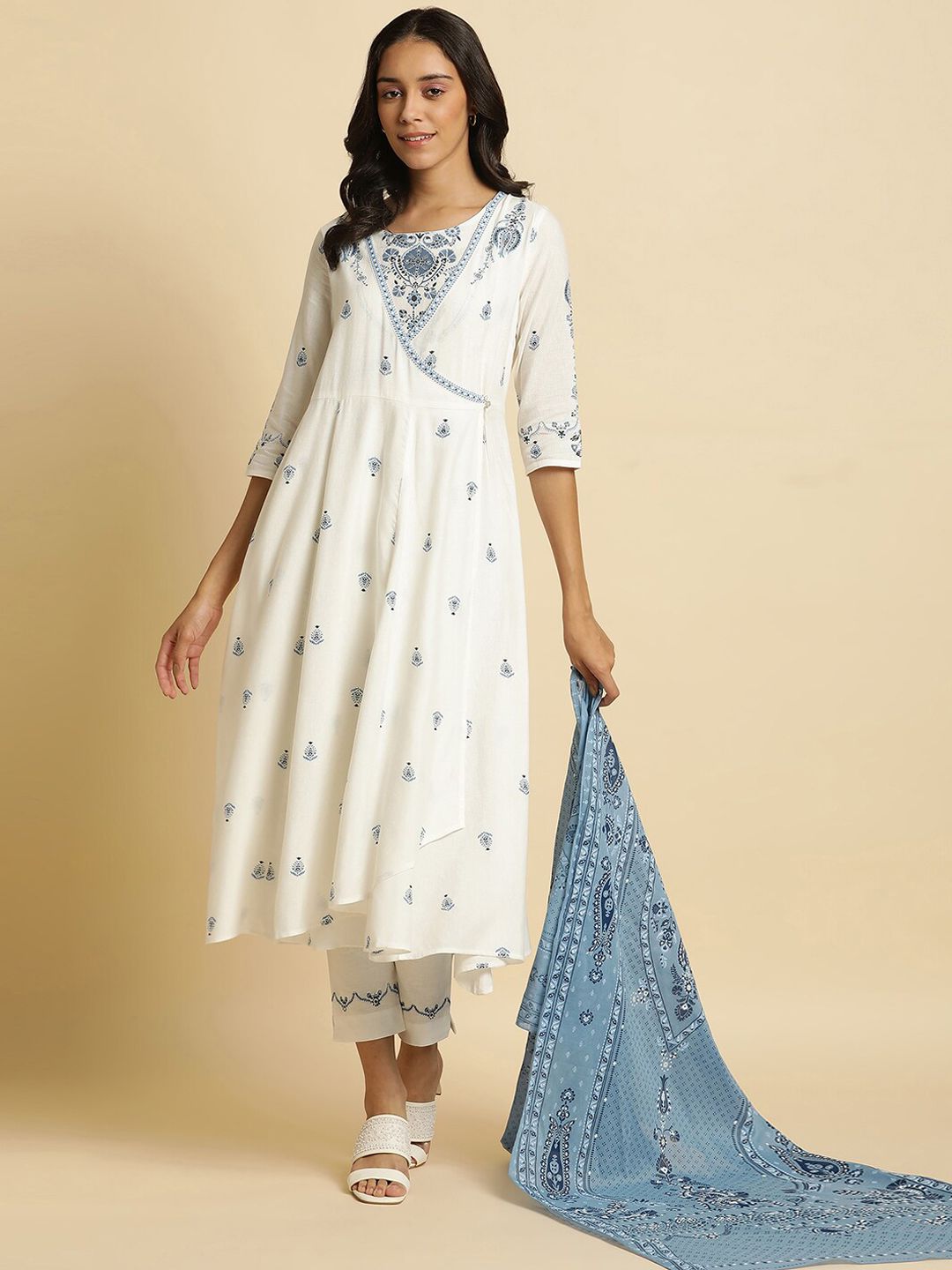 W White Floral Printed Angrakha Kurta with Trousers & With Dupatta